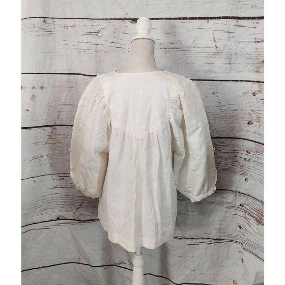 CAARA Embroidered Puff Sleeve Linen Top Size Small - Picture 3 of 8